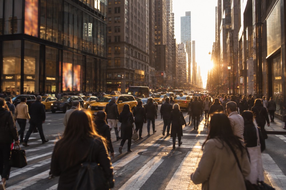 Pedestrians crossing a busy Midtown street with yellow taxis in morning light