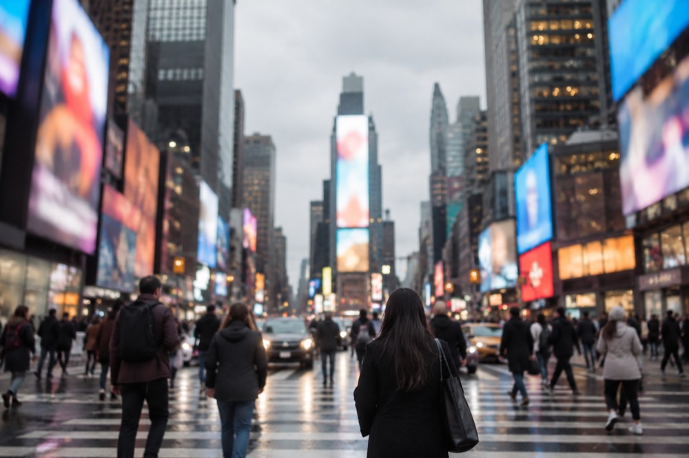 Pedestrians crossing a busy street in front of glowing billboards in Times Square.