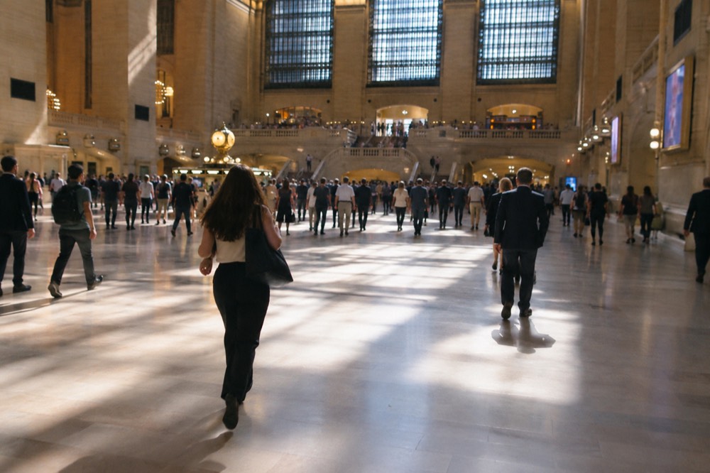 The main concourse of Grand Central Terminal with sunlight falling across the floor from the windows