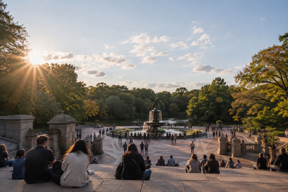 Bethesda Terrace and its fountain in Central Park with people resting on the steps
