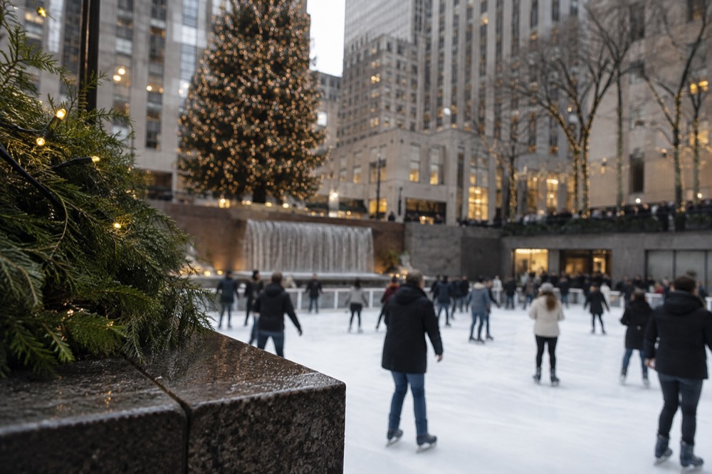 Skaters on an ice rink surrounded by trees and tall buildings at Rockefeller Center