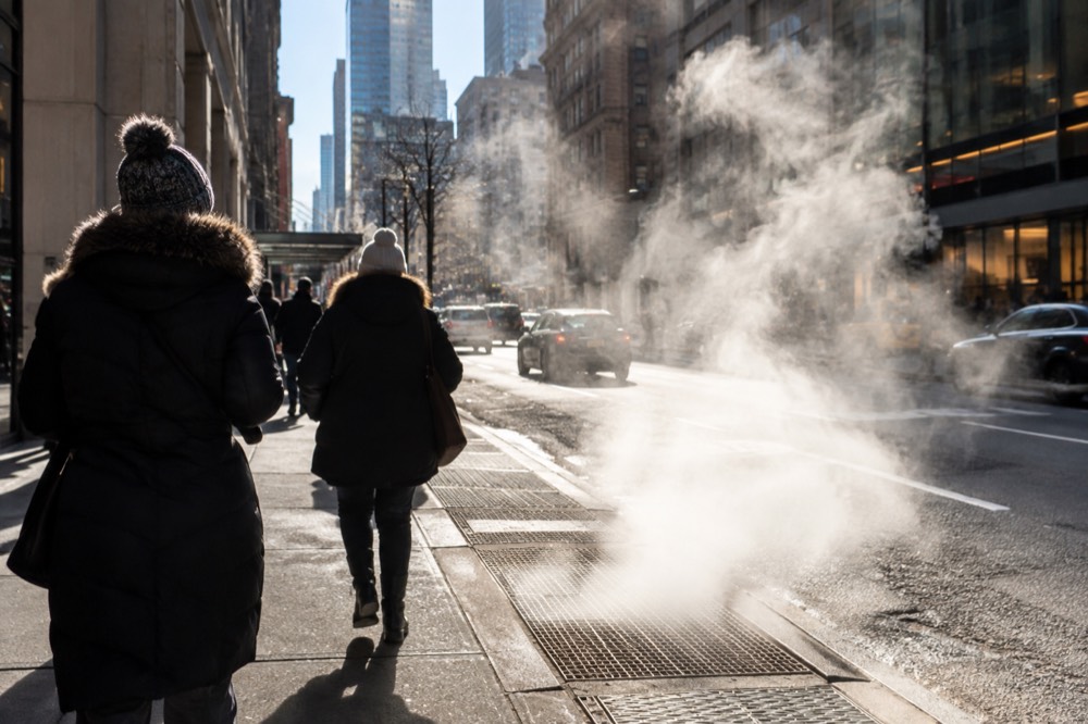 Steam rising from a Manhattan street grating beside winter-coated pedestrians