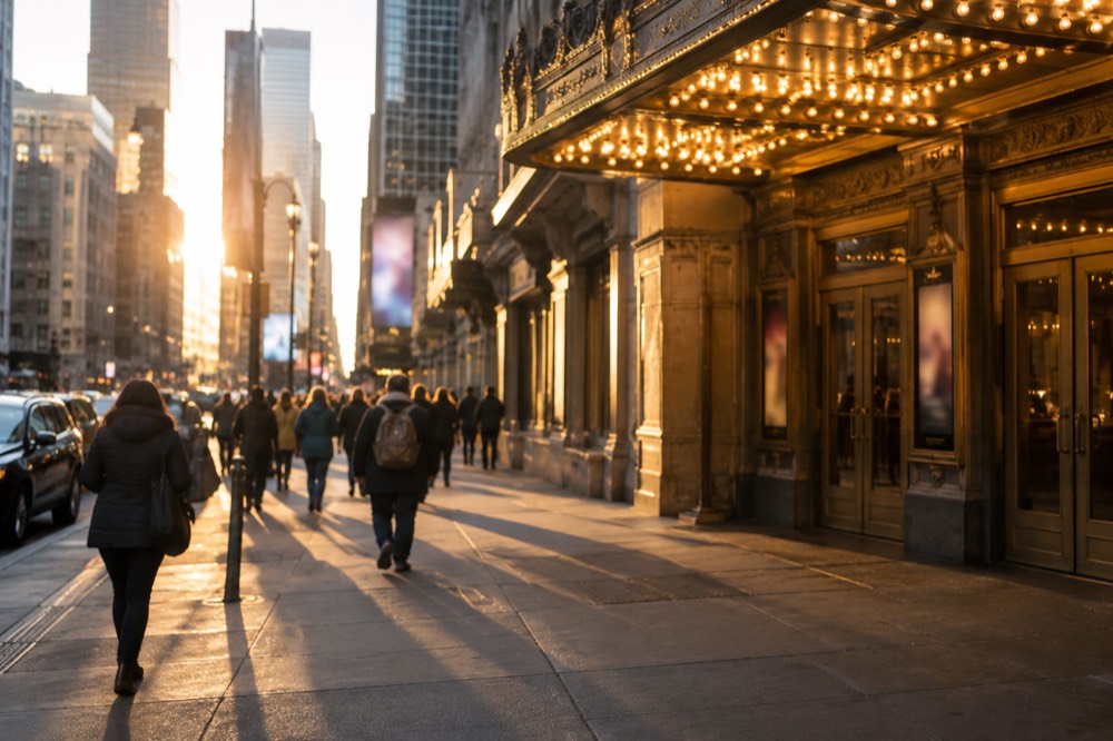 A warm-lit theater marquee glowing on a cold night in the Theater District