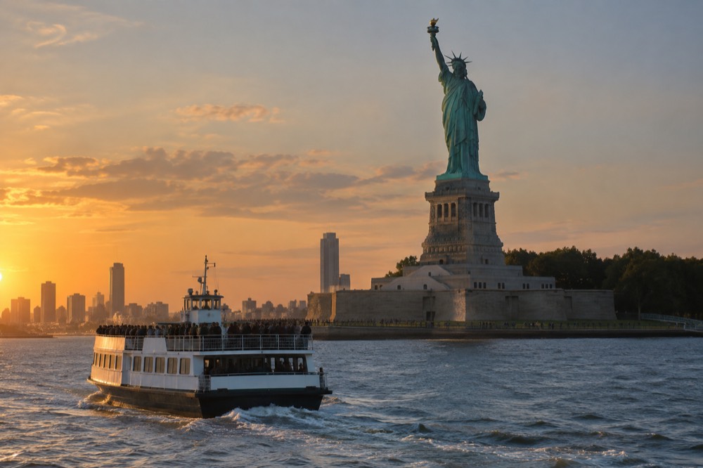 The Statue of Liberty seen from the water with a ferry in the foreground