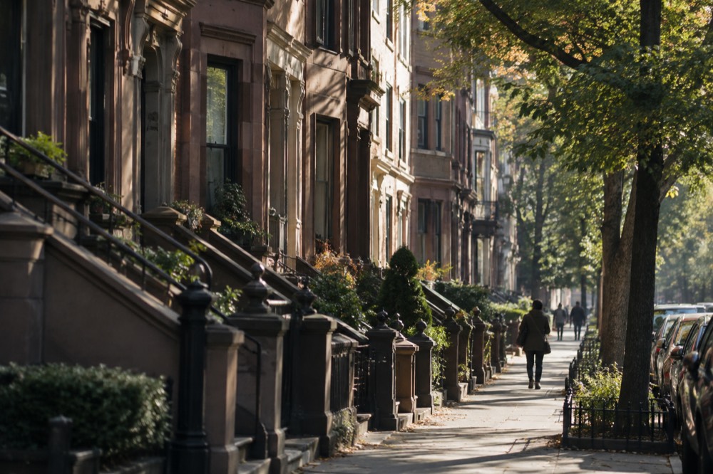 Brownstone row houses on a quiet Brooklyn street in morning light