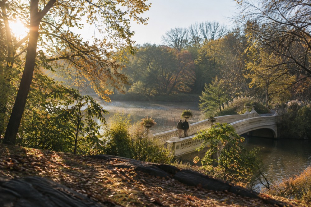 A couple walking across Bow Bridge in Central Park in morning light