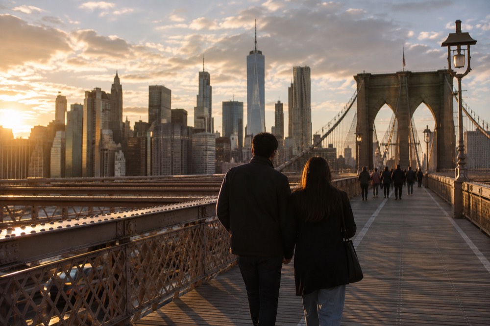 A couple walking on the Brooklyn Bridge promenade at golden hour with the skyline behind them