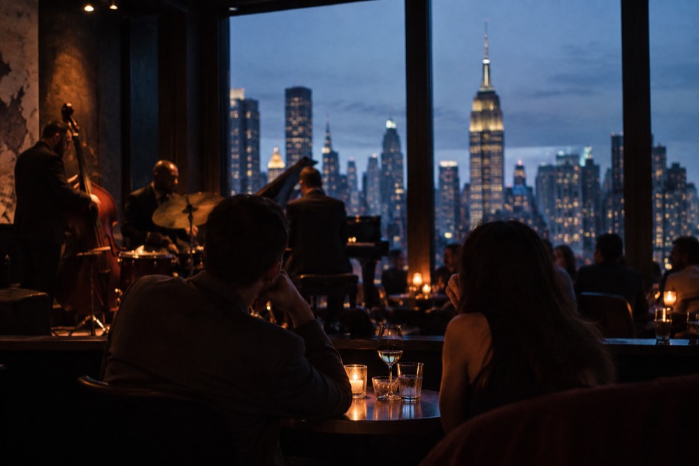 A couple at a small candlelit table in a jazz club listening to a live band