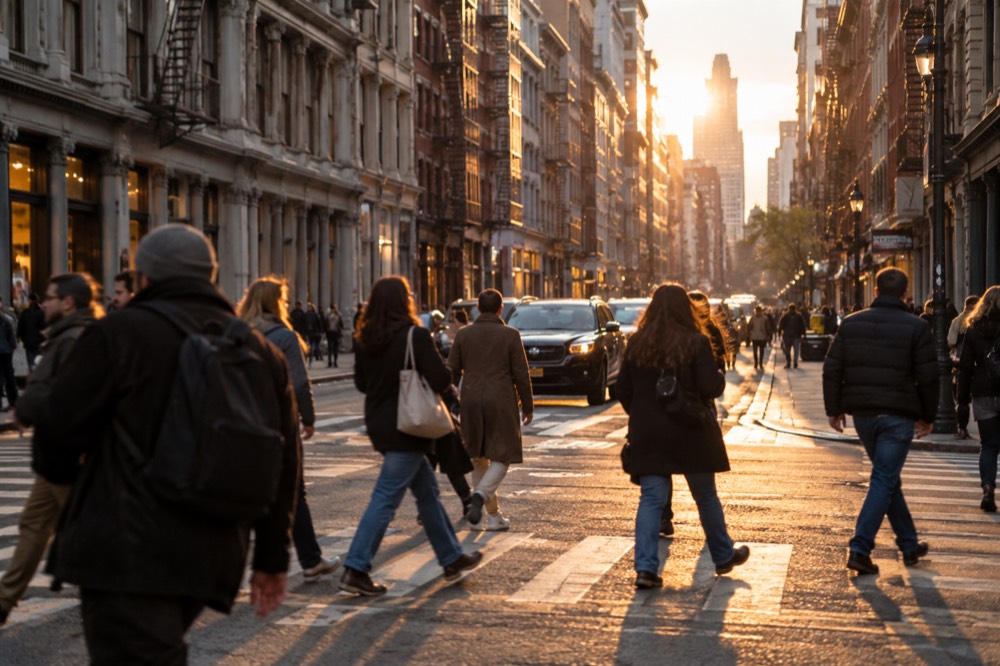 Pedestrians crossing a busy SoHo street with cast-iron buildings on both sides